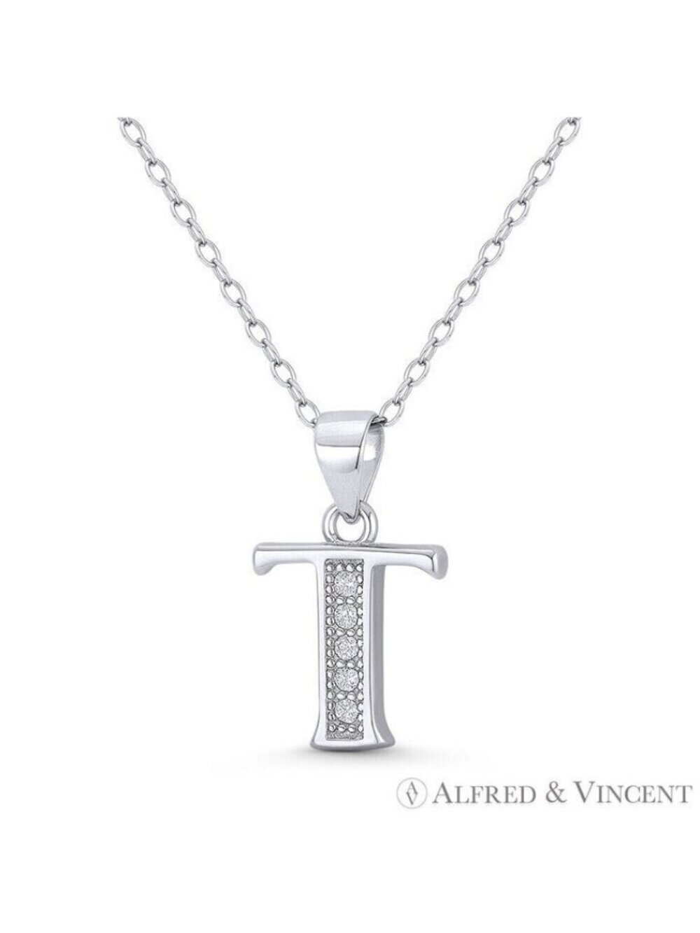 Initial Letter "T" CZ Crystal Pendant in .925 Sterling Silver w/ Rhodium